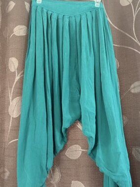 Rhea Boho Teal Drop Crotch Dhoti Wrap Pants Handkerchief Hem Made in India S/M